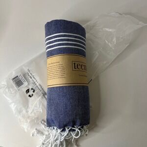 Teema Turkish Cotton The Navy‎ Simple Blue White Fringe Towels & Blankets NWT